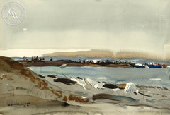 Fisherman on Jetty, c. 1930's, California art by Maurice Logan. HD giclee art prints for sale at CaliforniaWatercolor.com - original California paintings, & premium giclee prints for sale