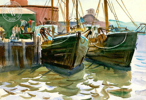 Fishing Boats, c. 1930's, California art by Maurice Logan. HD giclee art prints for sale at CaliforniaWatercolor.com - original California paintings, & premium giclee prints for sale