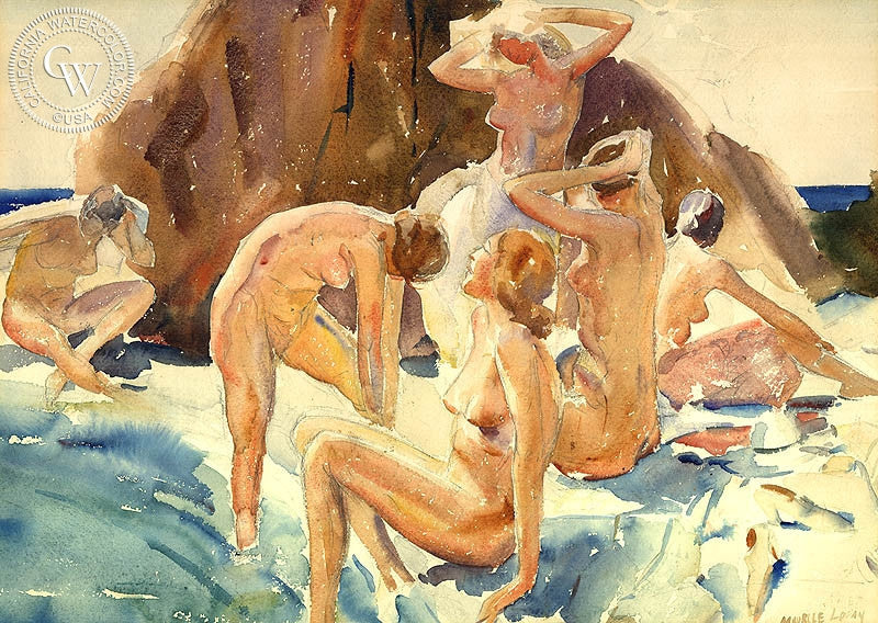 Nudes by the Rocks, c. 1930s, watercolor painting by Maurice Logan  (American art). Fine art giclée print reproduction by California Watercolor for wall decor.