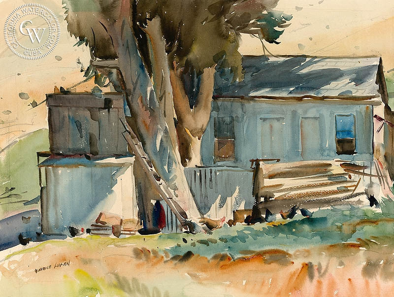 The Chicken House, c. 1930, watercolor painting by Maurice Logan  (American art). Fine art giclée print reproduction by California Watercolor for wall decor.