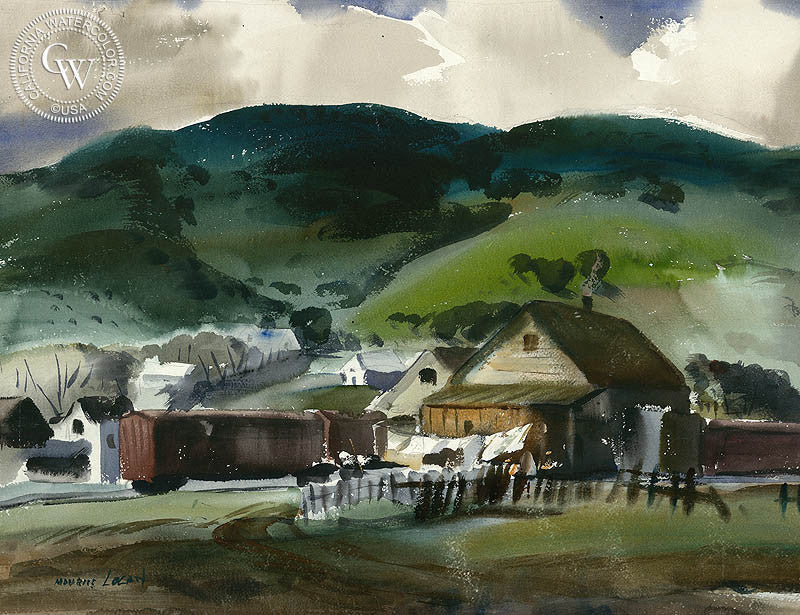Train Stop, watercolor painting by Maurice Logan  (American art). Fine art giclée print reproduction by California Watercolor for wall decor.