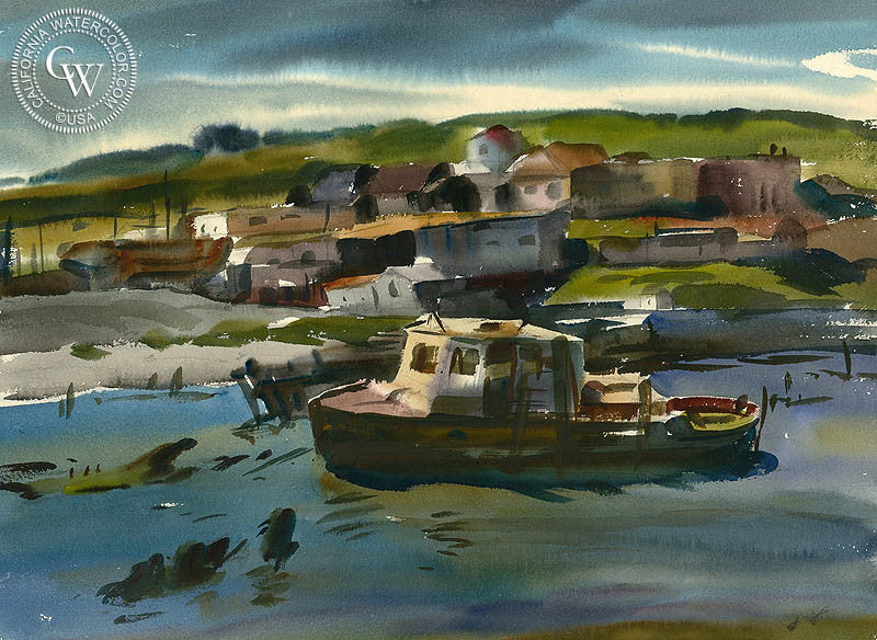 Untitled Harbor Scene, watercolor painting by Maurice Logan  (American art). Fine art giclée print reproduction by California Watercolor for wall decor.