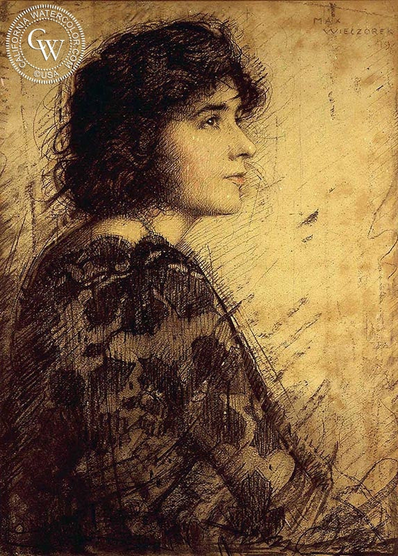 Girl in Mantilla, 1919, watercolor painting by Max Wieczorek  (American art). Fine art giclée print reproduction by California Watercolor for wall decor.