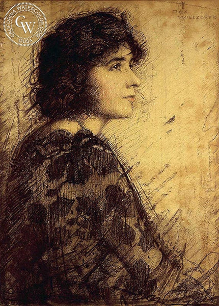 Girl in Mantilla, 1919, California art by Max Wieczorek. HD giclee art prints for sale at CaliforniaWatercolor.com - original California paintings, & premium giclee prints for sale