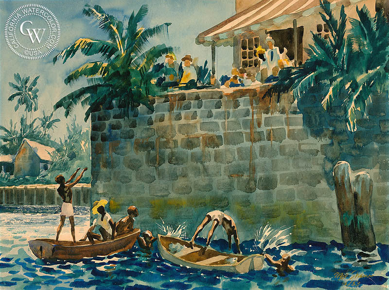 The Local Swimming Hole, 1953, watercolor painting by Mel Shaw (American art). Original watercolor painting by California Watercolor for wall decor.