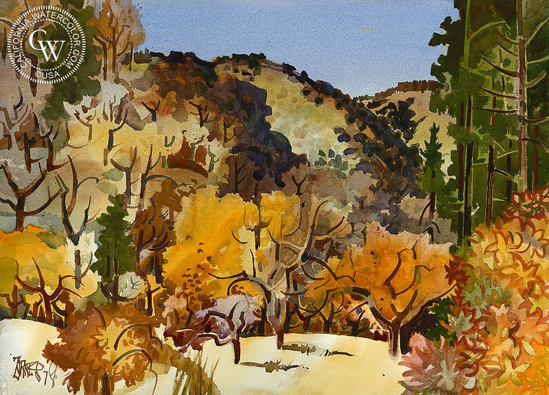 Autumn in the Glen, 1978, watercolor painting by Milford Zornes  (American art). Fine art giclée print reproduction by California Watercolor for wall decor.