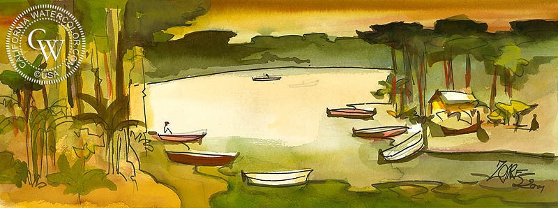 Boats at Rest, 2001, watercolor painting by Milford Zornes  (American art). Fine art giclée print reproduction by California Watercolor for wall decor.