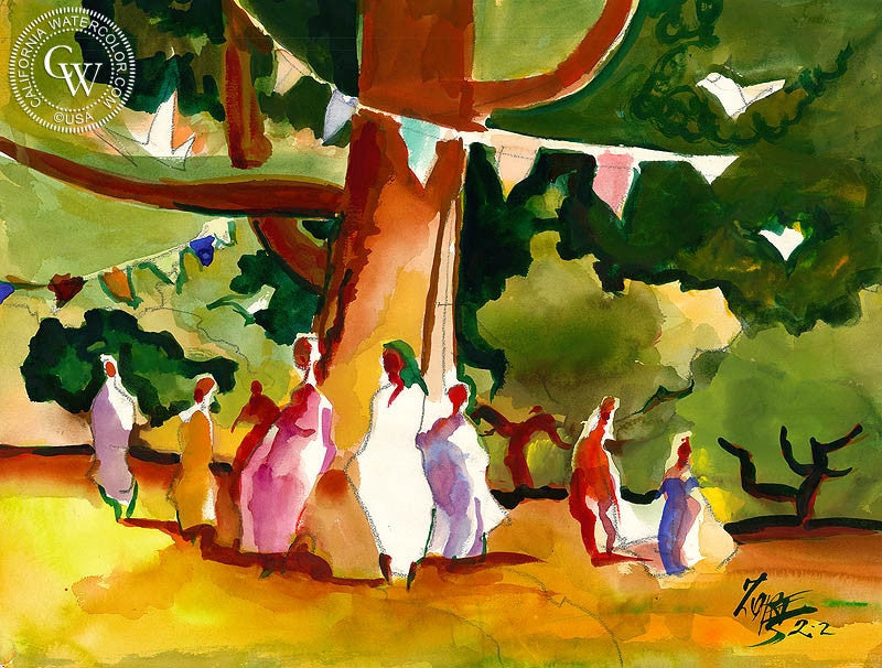 Dance in the Park, 2002, watercolor painting by Milford Zornes  (American art). Fine art giclée print reproduction by California Watercolor for wall decor.