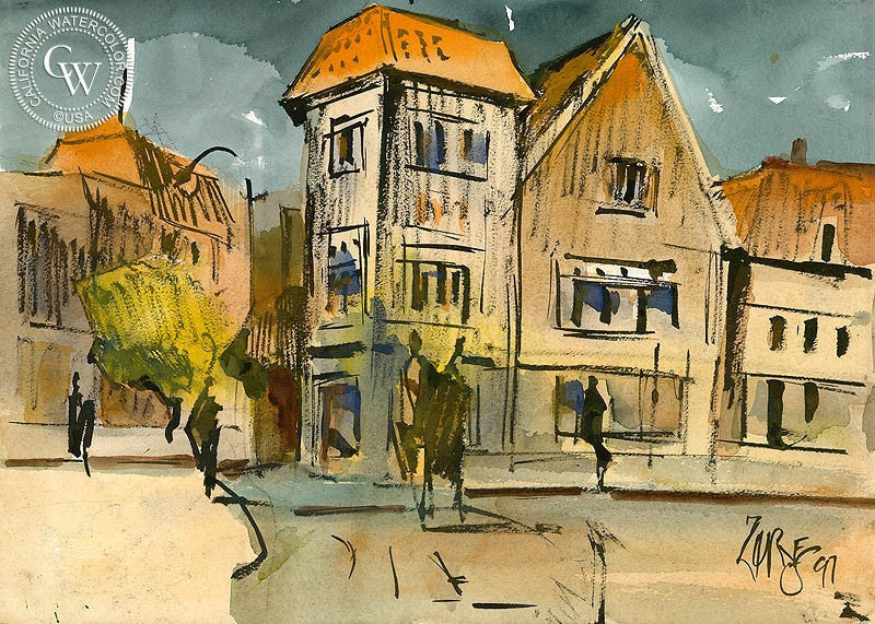 Europe, 1997, watercolor painting by Milford Zornes  (American art). Fine art giclée print reproduction by California Watercolor for wall decor.