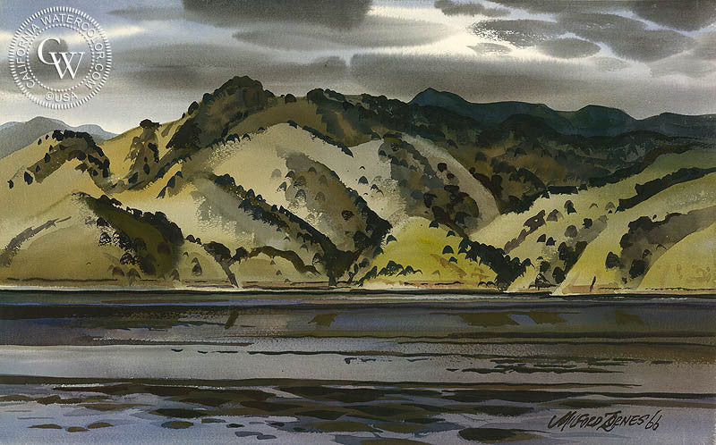 Lake Kaweah, 1966, watercolor painting by Milford Zornes  (American art). Fine art giclée print reproduction by California Watercolor for wall decor.
