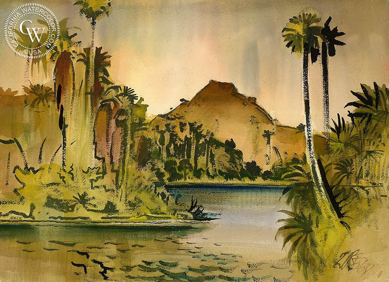 Lake in Riverside, 1968, watercolor painting by Milford Zornes  (American art). Fine art giclée print reproduction by California Watercolor for wall decor.