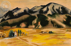 Mission in the Valley, c. 1930's, California art by Milford Zornes. HD giclee art prints for sale at CaliforniaWatercolor.com - original California paintings, & premium giclee prints for sale