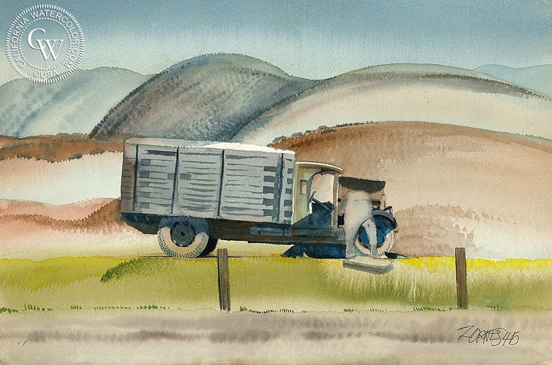 The Old Truck, 1946, watercolor painting by Milford Zornes  (American art). Fine art giclée print reproduction by California Watercolor for wall decor.