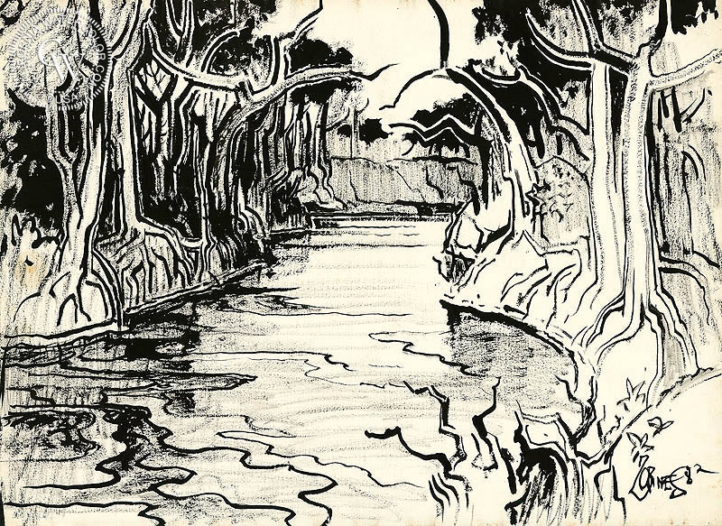 The River, 1982, watercolor painting by Milford Zornes  (American art). Fine art giclée print reproduction by California Watercolor for wall decor.
