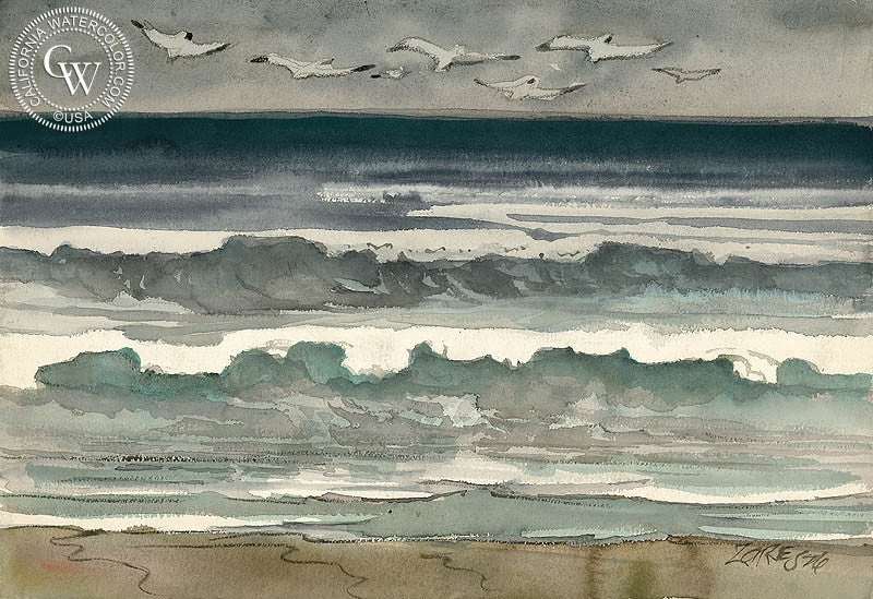 The Sea at Cabo San Jose, Mexico, 1976, watercolor painting by Milford Zornes  (American art). Fine art giclée print reproduction by California Watercolor for wall decor.