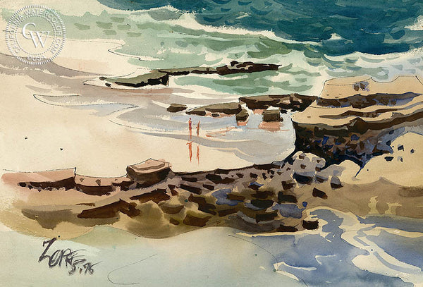 Beach Scene, 1975, California art by Milford Zornes. HD giclee art prints for sale at CaliforniaWatercolor.com - original California paintings, & premium giclee prints for sale