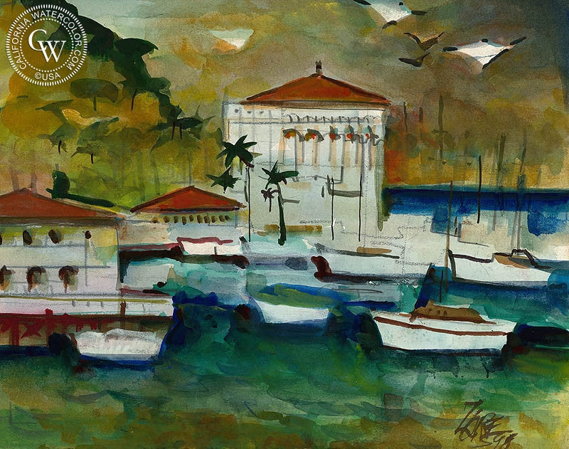 Catalina, 1998, watercolor painting by Milford Zornes  (American art). Fine art giclée print reproduction by California Watercolor for wall decor.