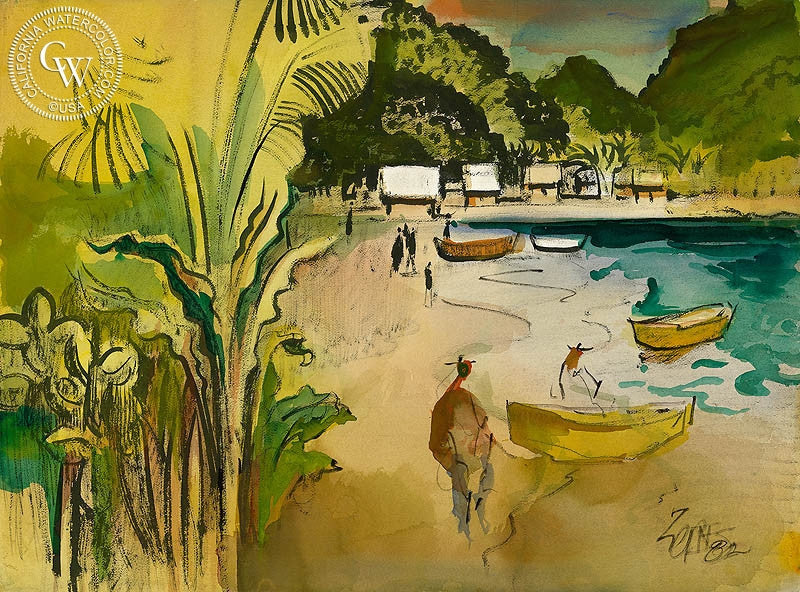 Mexican Beach, 1982, art by Milford Zornes – California Watercolor