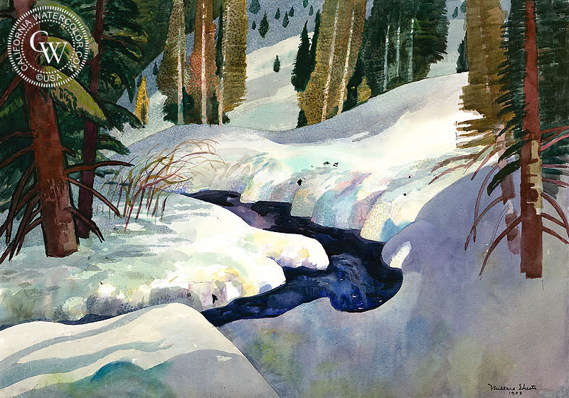 A Quiet Place, 1983, watercolor painting by Millard Sheets  (American art). Fine art giclée print reproduction by California Watercolor for wall decor.