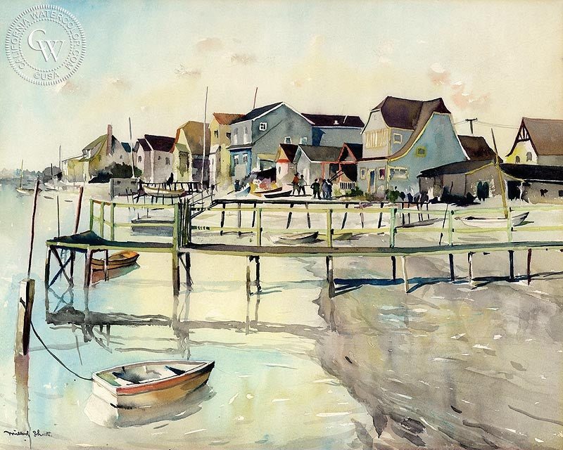 Balboa Island, 1931, watercolor painting by Millard Sheets  (American art). Fine art giclée print reproduction by California Watercolor for wall decor.
