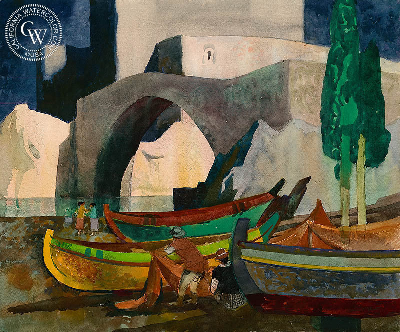 Fisherman and Nets, 1971, watercolor painting by Millard Sheets  (American art). Fine art giclée print reproduction by California Watercolor for wall decor.