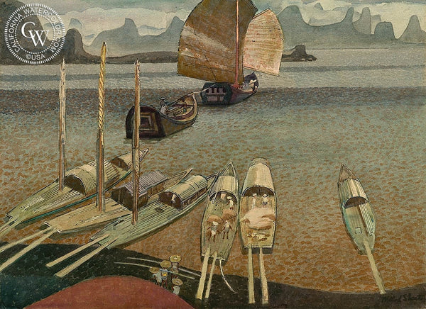Cargo Boats and Sampan, China, 1980, California art by Millard Sheets. HD giclee art prints for sale at CaliforniaWatercolor.com - original California paintings, & premium giclee prints for sale