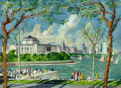 Chicago Skyline from Shedd Aquarium, 1955, California art by Millard Sheets. HD giclee art prints for sale at CaliforniaWatercolor.com - original California paintings, & premium giclee prints for sale