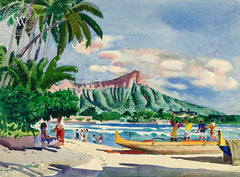 Diamond Head, Hawaii, c. 1950's, California art by Millard Sheets. HD giclee art prints for sale at CaliforniaWatercolor.com - original California paintings, & premium giclee prints for sale