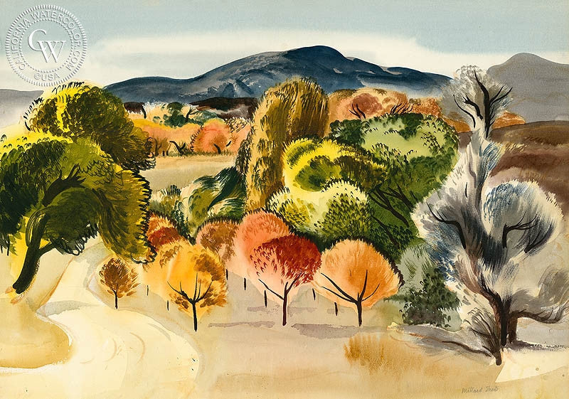 Fall Color, c. 1930s, watercolor painting by Millard Sheets  (American art). Fine art giclée print reproduction by California Watercolor for wall decor.