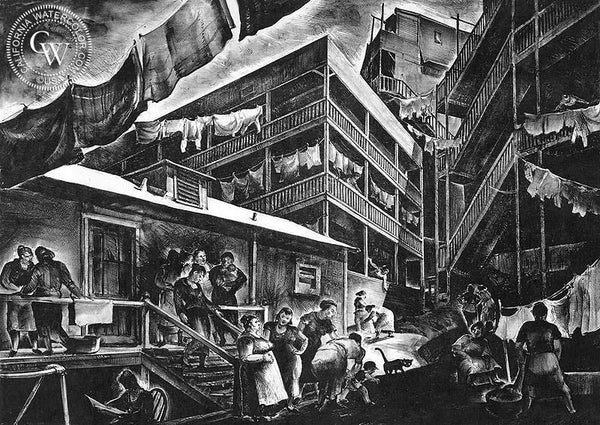 Family Flats, 1934, California art by Millard Sheets. HD giclee art prints for sale at CaliforniaWatercolor.com - original California paintings, & premium giclee prints for sale