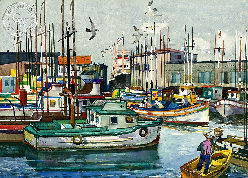Fisherman's Wharf, San Francisco, 1965, watercolor painting by Millard Sheets  (American art). Fine art giclée print reproduction by California Watercolor for wall decor.