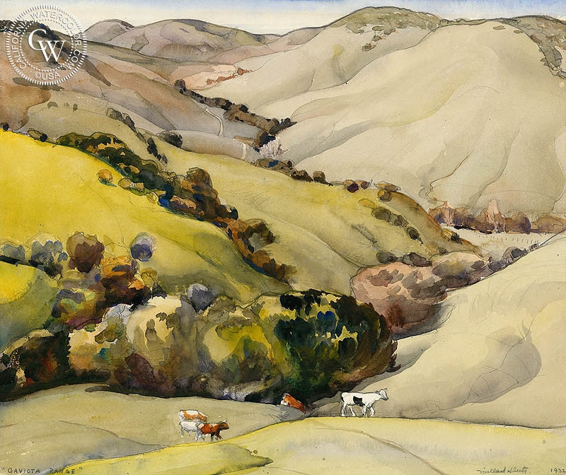 Gaviota Range, 1932, watercolor painting by Millard Sheets  (American art). Fine art giclée print reproduction by California Watercolor for wall decor.