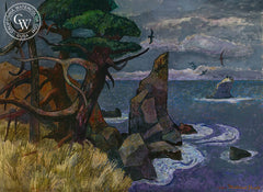 Gray Mood on the California Coast, 1986, California art by Millard Sheets. HD giclee art prints for sale at CaliforniaWatercolor.com - original California paintings, & premium giclee prints for sale