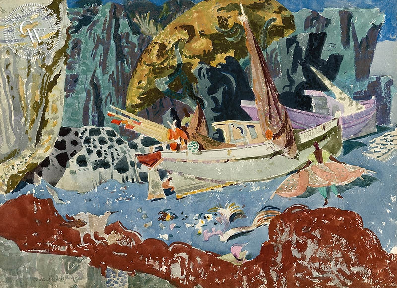 Hidden Cove, Island of Hawaii, 1951, watercolor painting by Millard Sheets  (American art). Fine art giclée print reproduction by California Watercolor for wall decor.