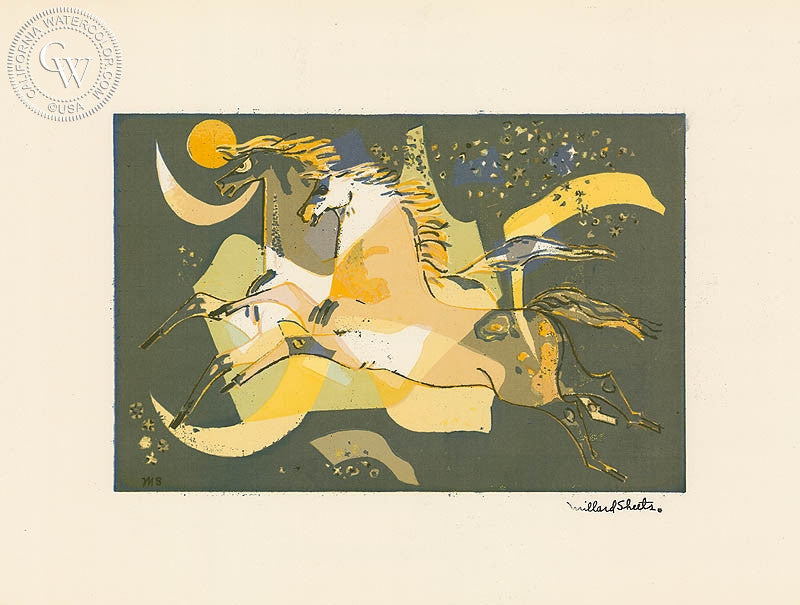 Millard Sheets - Horses in Motion, c. 1940's - California art - fine art print for sale, giclee watercolor print - Californiawatercolor.com