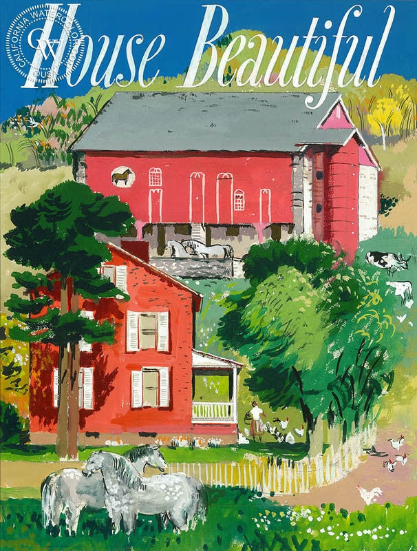 House Beautiful, c. 1940s, watercolor painting by Millard Sheets  (American art). Fine art giclée print reproduction by California Watercolor for wall decor.