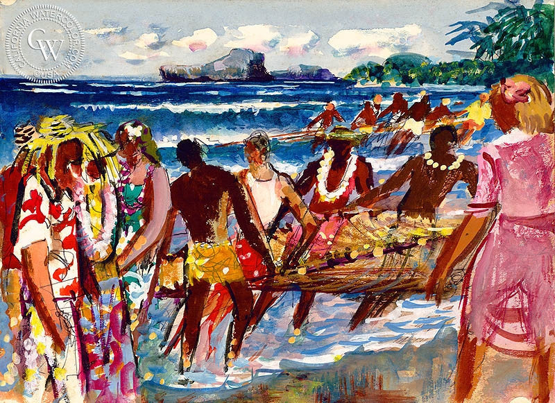 Hukilau, Tourists and Natives in Hawaii, 1951, watercolor painting by Millard Sheets  (American art). Fine art giclée print reproduction by California Watercolor for wall decor.