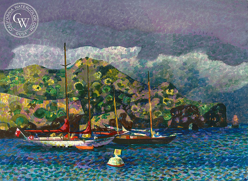 Isthmus, Anchorage, 1965, watercolor painting by Millard Sheets  (American art). Fine art giclée print reproduction by California Watercolor for wall decor.