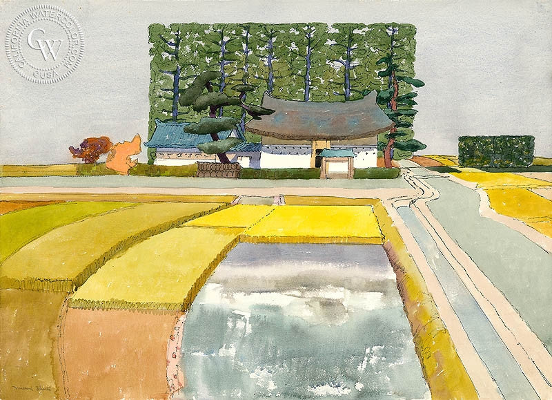 Itami Rice Fields, c. 1970s, watercolor painting by Millard Sheets  (American art). Fine art giclée print reproduction by California Watercolor for wall decor.