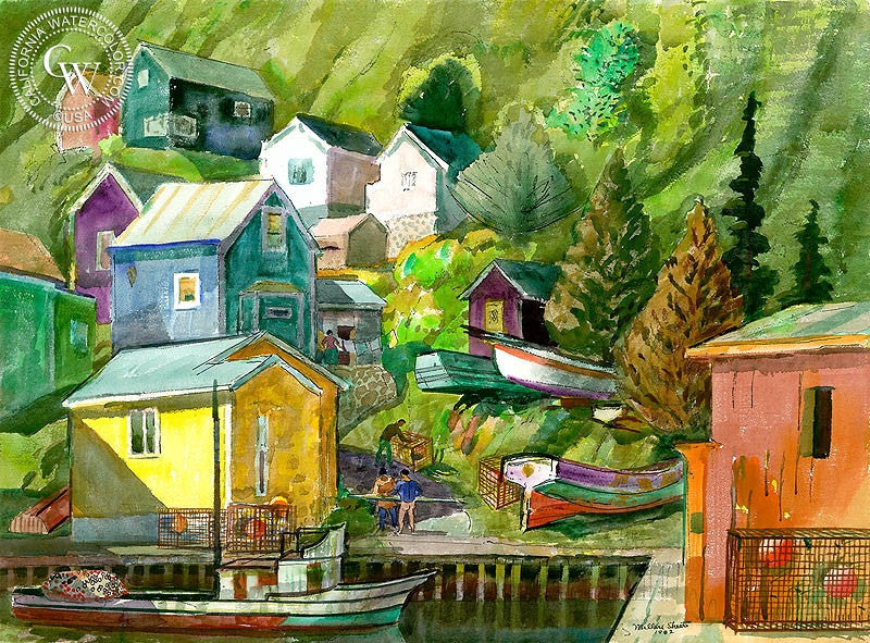 Kodiak Island, Alaska, 1982, watercolor painting by Millard Sheets  (American art). Fine art giclée print reproduction by California Watercolor for wall decor.