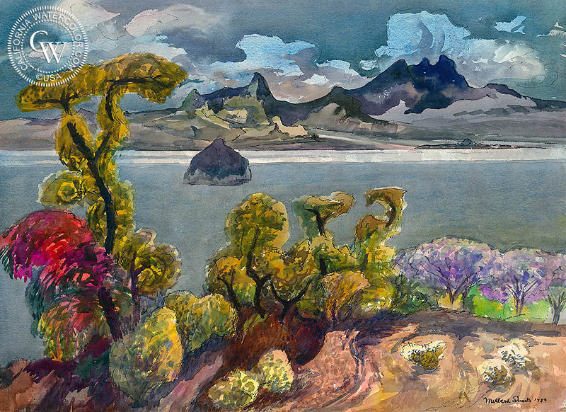 Lake Chapala, Mexico, 1983, watercolor painting by Millard Sheets  (American art). Fine art giclée print reproduction by California Watercolor for wall decor.
