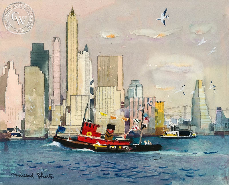 Manhattan Skyline, c. 1930s, watercolor painting by Millard Sheets  (American art). Fine art giclée print reproduction by California Watercolor for wall decor.