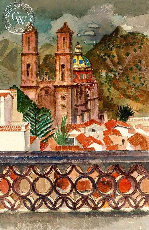Mission, Mexico, 1970, watercolor painting by Millard Sheets  (American art). Fine art giclée print reproduction by California Watercolor for wall decor.