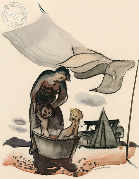 Mother Bathing Children in Ditch Water, 1938, California art by Millard Sheets. HD giclee art prints for sale at CaliforniaWatercolor.com - original California paintings, & premium giclee prints for sale