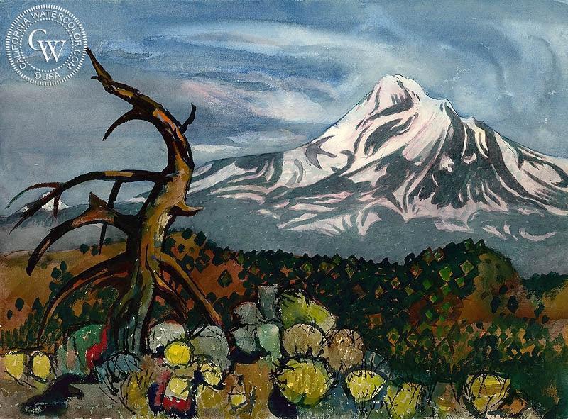Mount Shasta, c. 1970s, watercolor painting by Millard Sheets  (American art). Fine art giclée print reproduction by California Watercolor for wall decor.