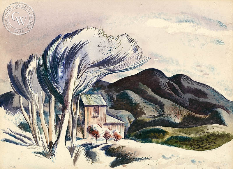 Mountain Retreat, 1939, watercolor painting by Millard Sheets  (American art). Fine art giclée print reproduction by California Watercolor for wall decor.