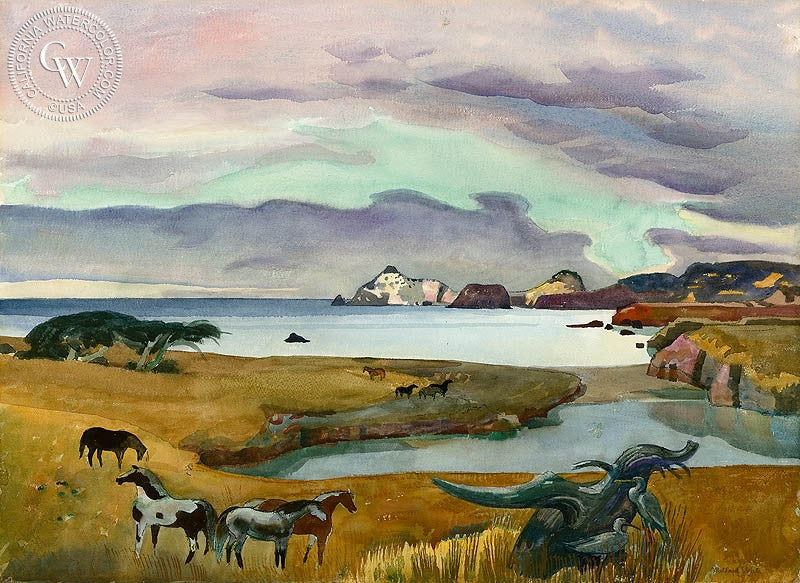 Mouth of the Gualala River, 1977, watercolor painting by Millard Sheets  (American art). Fine art giclée print reproduction by California Watercolor for wall decor.