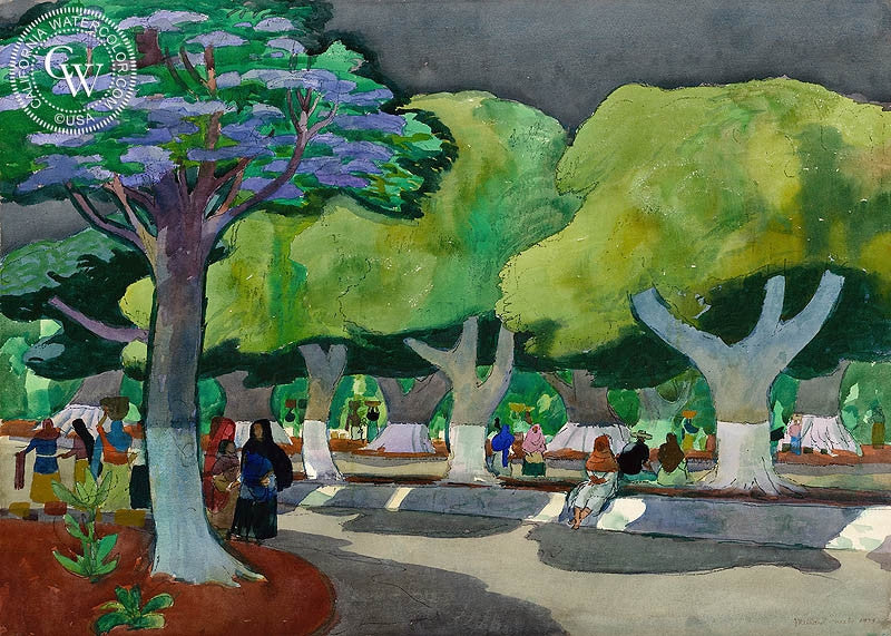 Noon, Chapala, Mexico, 1979, watercolor painting by Millard Sheets  (American art). Fine art giclée print reproduction by California Watercolor for wall decor.