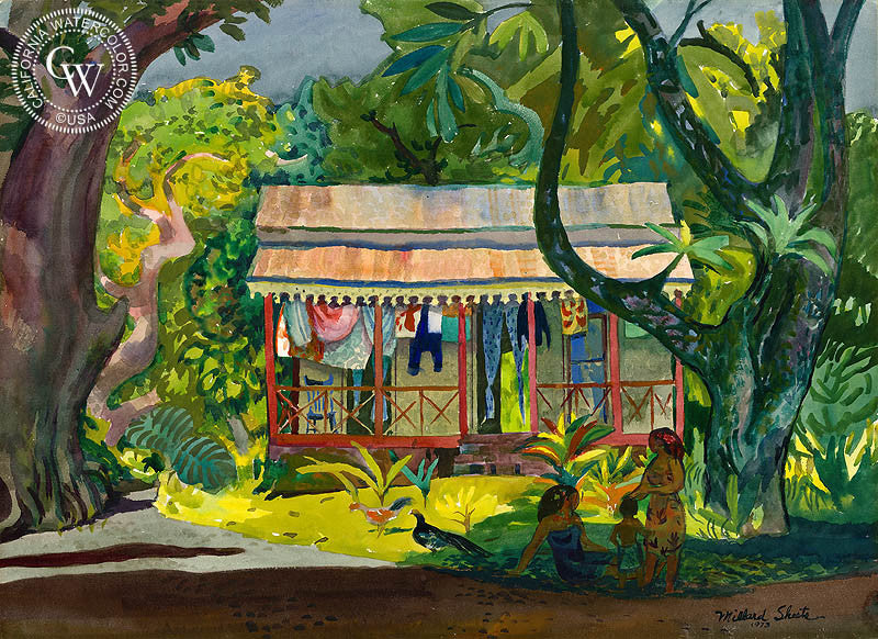 Old House, Tahiti, 1973, art by Millard Sheets – California Watercolor