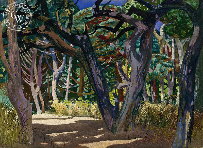 Old Pines at Haven's Neck, 1962, watercolor painting by Millard Sheets  (American art). Fine art giclée print reproduction by California Watercolor for wall decor.